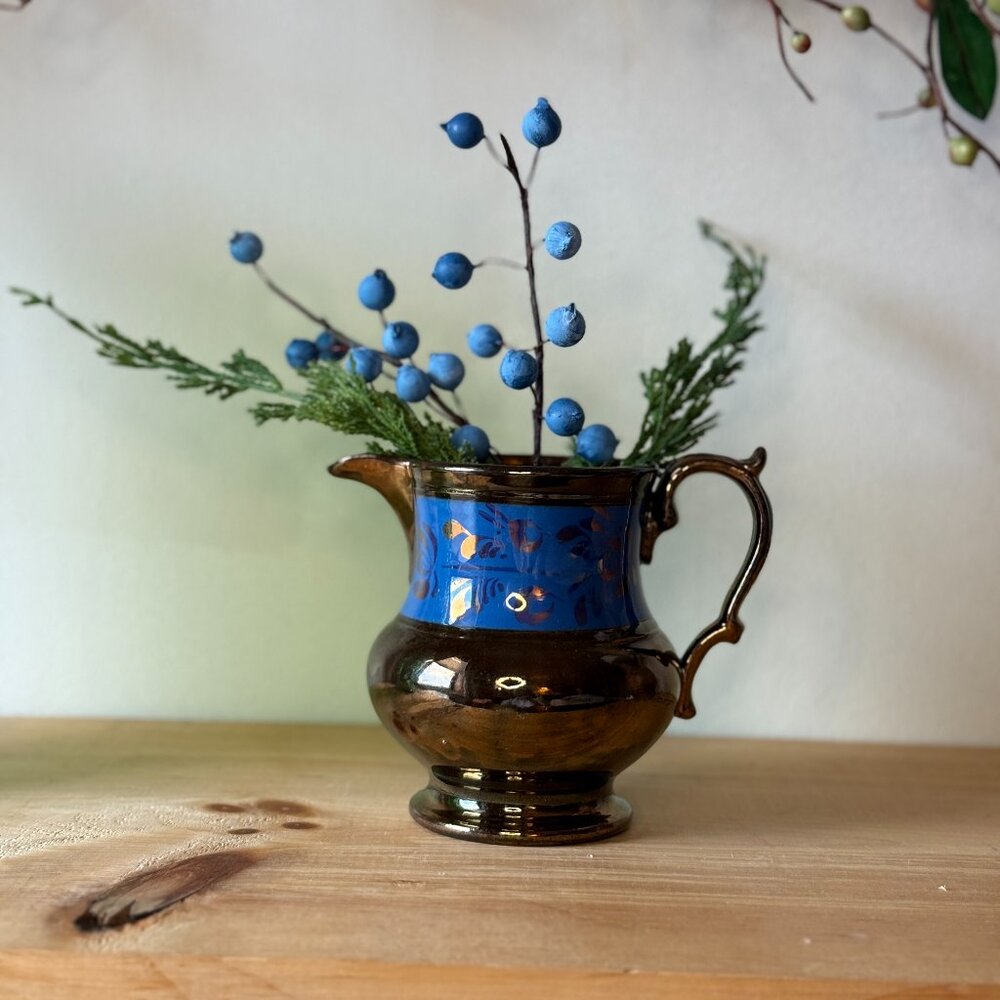 Vintage Copper‑Lustre Creamer Pitcher | Cobalt Blue Band Floral, Victorian Style